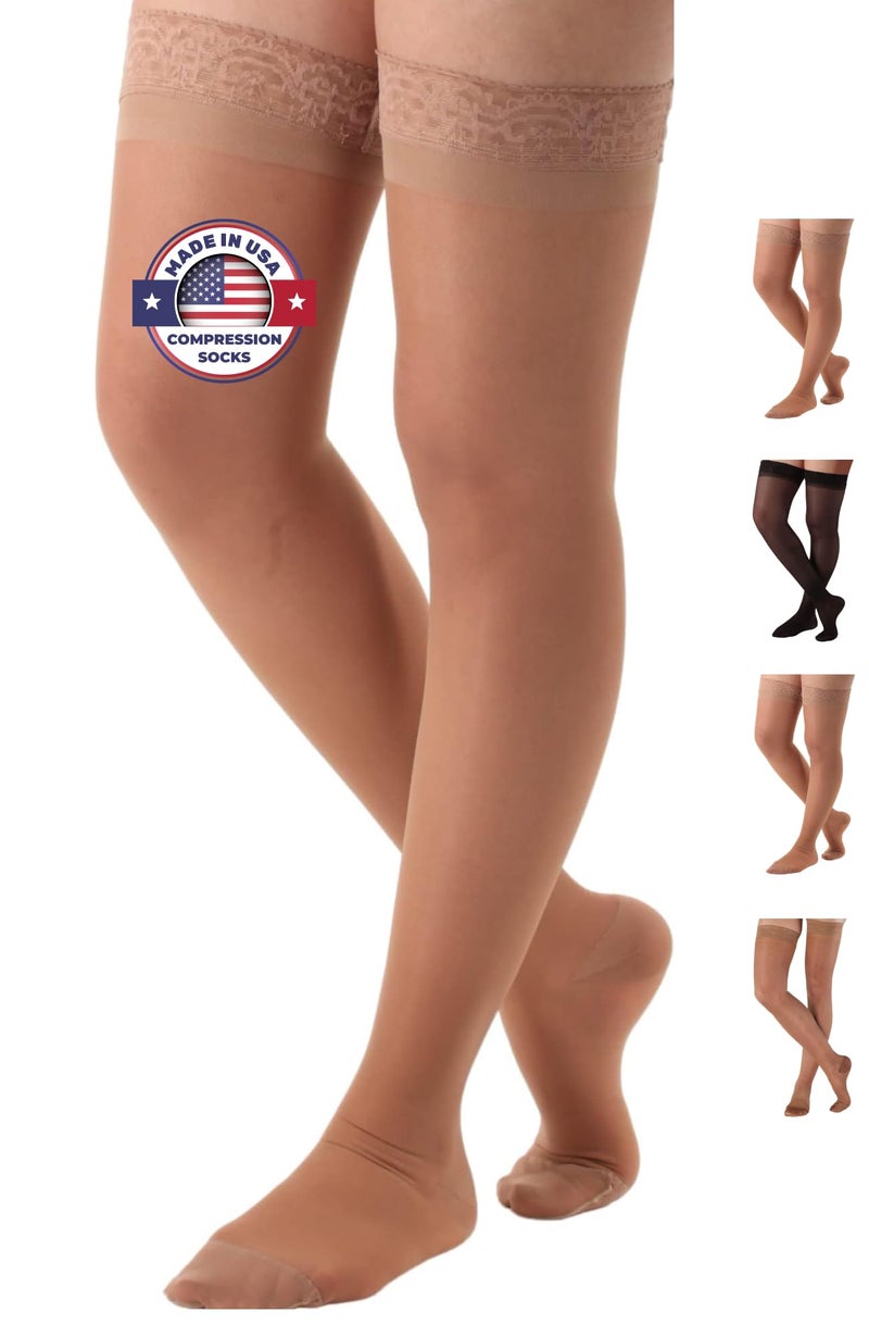 ABSOLUTE SUPPORT Made in USA Plus Size Sheer Compression Stockings with Silicone Border for Women 1520mmHg For Swelling Lymphedema DVT Beige 3XLarge A102BE6